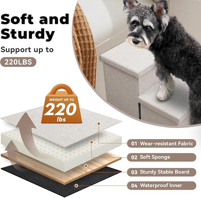 Dog Stairs with Storage 23" H, 4-Step Wider Dog Steps for High Beds Window, Folding Sturdy Pet Stairs Gift for Small/Medium/Large Old Dogs Cat, Ramp for Climbing Car Up to 200 lbs, Beige