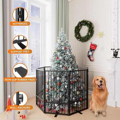 Full Metal Freestanding Dog Gate with Door, 36''Height Foldable Pet Dog Fence for Indoor & Outdoor, 8 Panels Extra Wide Free Standing TallDog Gates for Doorways,House,Stairs,Porch,Deck,Yard