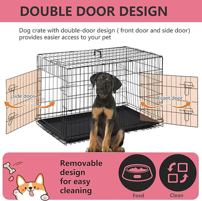 FDW Extra Large Dog Crate Dog Kennel Cage with Double Door,48 inch Folding Metal Wire Dog Cage with Removable Tray&Divider Panel,Pet Crate for Large Dogs,Black