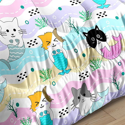 Cat Twin Bedding Set 2Pcs - Cartoon Mermaid Tail Cat Twin Comforter Set for Girls Bedroom Ultra Soft Warm Kitty Comforter Set for Girls Room Decor with 1 Cat Comforter and 1 Pillowcase, Twin Size
