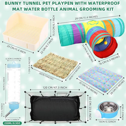 104 Pcs Rabbit Starter Kit Litter Box Bunny Tunnel Pet Playpen with Waterproof Mat Water Bottle Animal Grooming Kit Bowl Blankets with Cleaning Set for Guinea Pig Rabbit Accessories