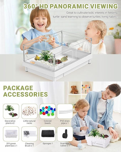 GOZILLA Small Turtle Tank, Acrylic Turtle Tank Starter Kit, Reptile Habitat and Terrarium with Multi-Functional Areas for Tortoise, Crab, Crayfish, Small Reptile.(Black Tank)