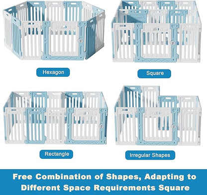 2 Room Dog Playpen with Door,DIY Shape Combination Puppy Pen,16-Panel+2 Link Piece+Large Door+Small Door,25.5" H Dog Fence,Non-Slip&Secure Pet Gate,Easy to Assemble,Blue+White