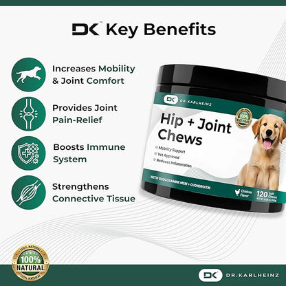 Glucosamine for Dogs - Max Strength Hip and Joint Supplement for Dogs - MSM, Chondroitin, Hemp Oil, Turmeric - Mobility Support and Pain Relief - 120 Chewable Tablets (Chicken Flavor)