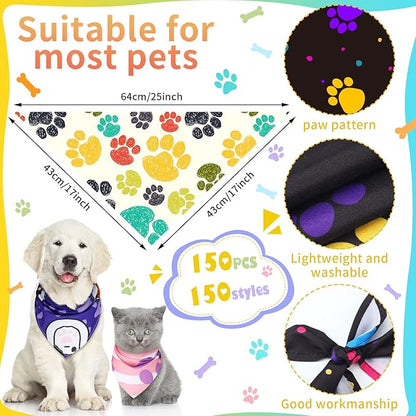 150 Pcs Dog Bandanas Bulk Pet Bibs Colorful Triangle Scarf Pet Bandanas for Medium Large Dogs Spring Summer Birthday Costume Decoration (Paw)