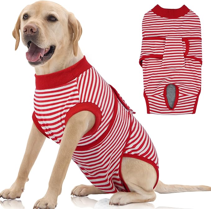 FUAMEY Dog Recovery Suit Male,Dogs Surgery Neuter Suits Puppy Spay Shirts for Female Protect Dog's Skin Anti Licking Abdominal Wounds Doggie Onesie Pet Bodysuit Alternative to Cone Red Stripes XXL