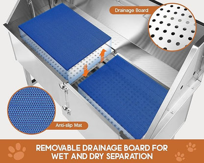 Albott 50-Inch Stainless Steel Dog Washing Station with Anti-Slip Steps, Sprayer, Faucet, and Soap Box – Professional Pet Bathtub for Medium/Small Pets, Ideal for Home, Garage, and Grooming(Left)