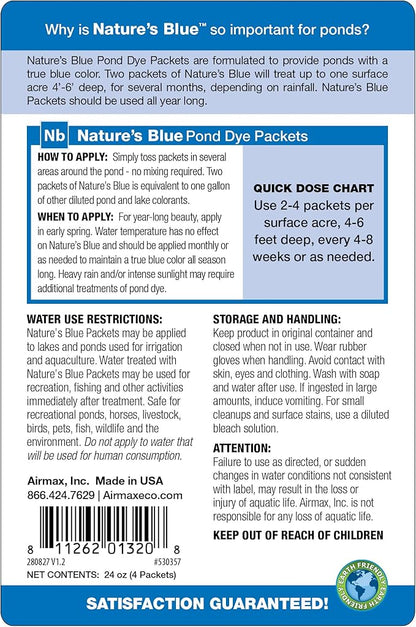 Airmax Pond Dye Packets Nature's Blue Colorant for Large Pond & Lake, Beneficial UV Blocking Color Concentrate, Maintain Clean & Clear Water, Fish Safe, Easy Treatment, 2 Soluble Packets