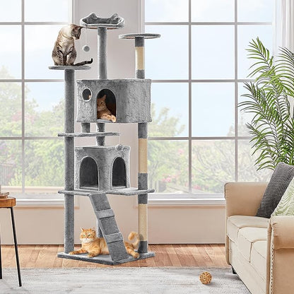 Yaheetech Tall Cat Tree, 80in Multi-Level Cat Tower with Cat Scratching Posts, Double Cat Caves, Perched Platforms and Dangling Balls, Cat Stand House for Kittens Pet, Light Gray
