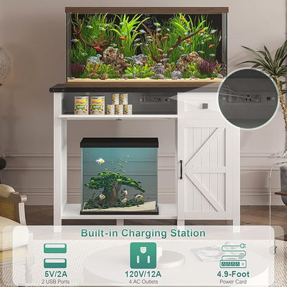 40 Gallon Aquarium Stand With Charging Station, Farmhouse Fish Tank Stand, Reptile Tank Stand Terrarium Stand with Drawer and Cabinet Storage, Sturdy Heavy Duty 41.9"×18.3" Tabletop - White
