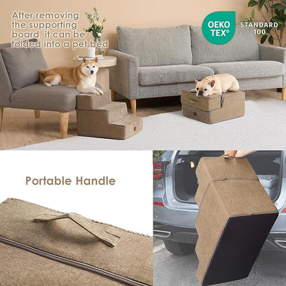 EHEYCIGA Dog Stairs for Small Dogs 13.5" H, 3-Step Dog Steps for Couch Sofa and Chair, Pet Steps for Medium Cats, Non-Slip Balanced Pet Ramp Indoor, Camel