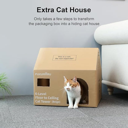 FUKUMARU Floor to Ceiling Cat Tree, 6 Level Adjustable Height (6-10 ft) Climbing Tower with Thickened Scratching Posts, Cats Activity Center with Cozy Hammock - Beige