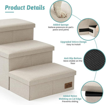 Dog Stairs with Storage, 4-Step Wider Sturdy Dog Steps for Small/Medium/Large Dogs and Older Cats, Folding Doggie Ramp for Bed/Couch/Car Hold Up to 180 lbs (22" H, Beige)