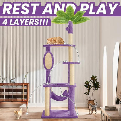 55 Inch Large Cat Tree Tower for Indoor Cats with Hammock Green Leaves Sisal Scratching Post, Plush Hang Ball Play Furniture for Kittens & Adult Cats, New Purple