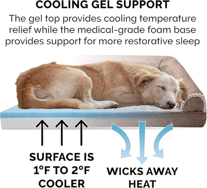 Furhaven Cooling Gel Dog Bed for Medium/Small Dogs w/ Removable Bolsters & Washable Cover, For Dogs Up to 35 lbs - Luxe Faux Fur & Performance Linen Sofa - Woodsmoke, Medium