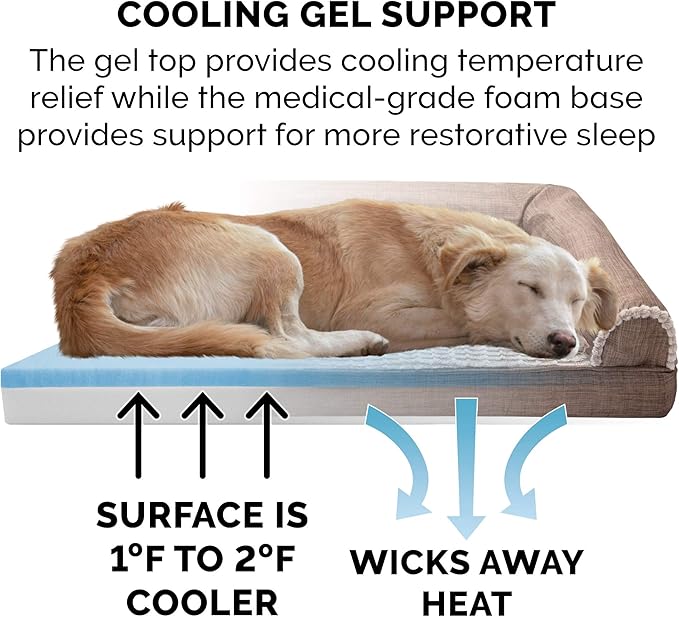 Furhaven Cooling Gel Dog Bed for Large/Medium Dogs w/ Removable Bolsters & Washable Cover, For Dogs Up to 55 lbs - Luxe Faux Fur & Performance Linen Sofa - Woodsmoke, Large