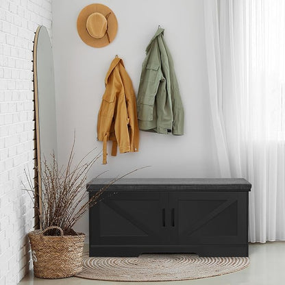 2-Tier Storage Bench, Shoe Bench with Padded Seat Cushion, Entryway Bench with 2 Barn Doors, Adjustable Shelf, 13.8" D x 39.4" W x 17.7" H, for Entryway, Living Room, Bedroom, Black