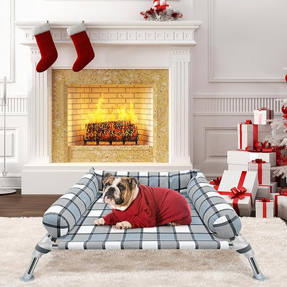 Elevated Raised Dog Bed Cot - Cooling Dog Bed with Pillows, Portable Washable Pet Cot with Metal Frame for Indoor & Outdoor Use