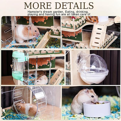 11 in 1 Wooden Hamster Cage with All Accessories, 15.8 Inch 3-Layer Dwarf Hamster Cage Acrylic,Small Animal Cages, Pastoral Style Mouse Cage for Pet Mice, Hedgehog, with Stairs, Fences and Swing