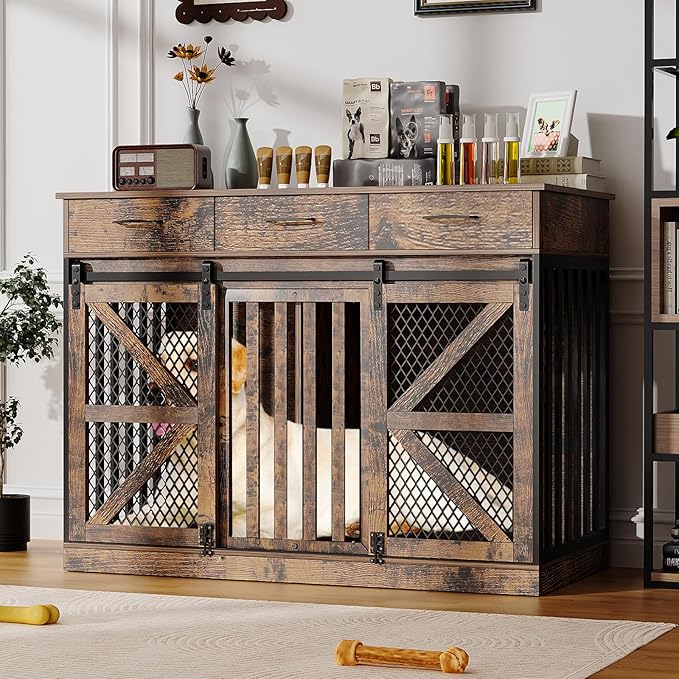 48'' Dog Crate Furniture with Removable Divider & Storage Drawers, Wooden Double Dog Cage TV Stand with 2 Sliding Barn Doors, Multi-Functional Dog Crate End Table for Indoor use (Retro Brown)