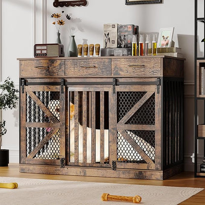 48'' Dog Crate Furniture with Removable Divider & Storage Drawers, Wooden Double Dog Cage TV Stand with 2 Sliding Barn Doors, Multi-Functional Dog Crate End Table for Indoor use (Retro Brown)