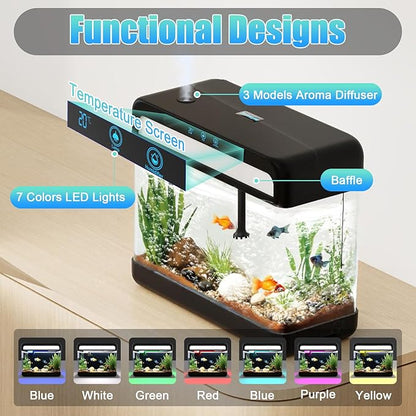 Fish Tank Aquarium 3 Gallon, Smart Aquarium Kits - Silent Water Pump,Self Cleaning System,7 Color Lights,Temperature Display, Aromatherapy, Advanced Filtration
