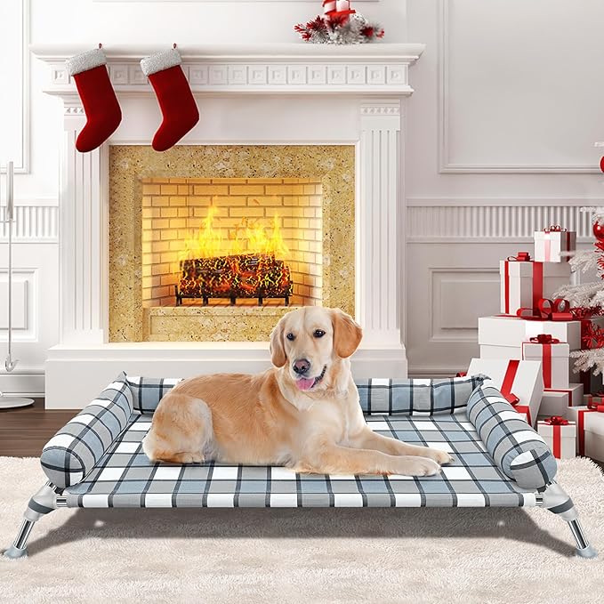 Elevated Raised Dog Bed Cot - Cooling Raised Dog Bed with Bolster Portable Washable Pet Hammock with Pillows & Metal Frame for Indoor & Outdoor, Large