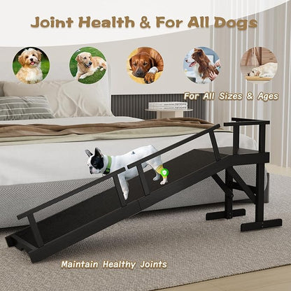 61" Dog Ramp for Bed, Pet Ramp with Removable Side Rail and Non-Slip Surface, Pet Ramp for Small & Large & Senior Dogs with Rest Platform and DIY Glow Strips,Dog Stairs for Couch,Black