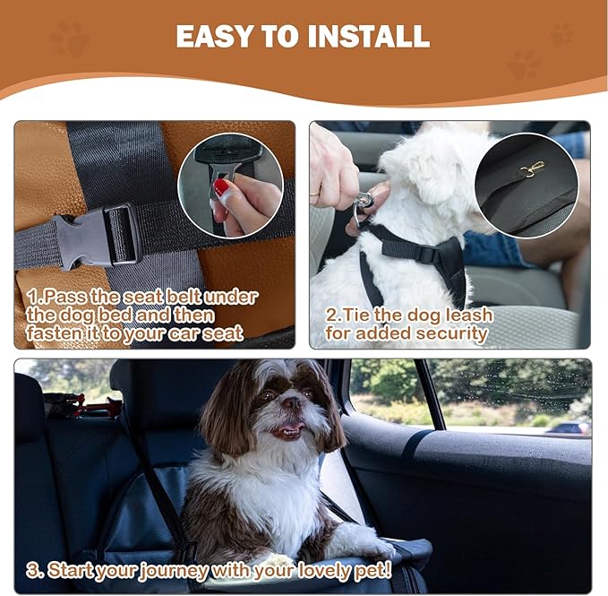 2 and 1 Center Console Dog Car Seat & Carrier for Small Dogs, Large Leather Dog Car Bed with Storage Pocket, Waterproof PVC Leather Seat Travel Bed for Front & Back Seat, Clip-On Safety Leash