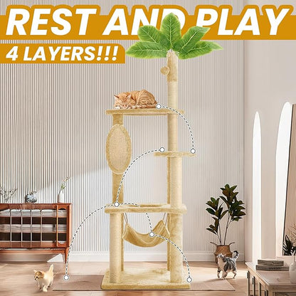 55 Inch Large Cat Tree Tower for Indoor Cats with Hammock Green Leaves Sisal Scratching Post, Plush Hang Ball Play Furniture for Kittens & Adult Cats, New Beige