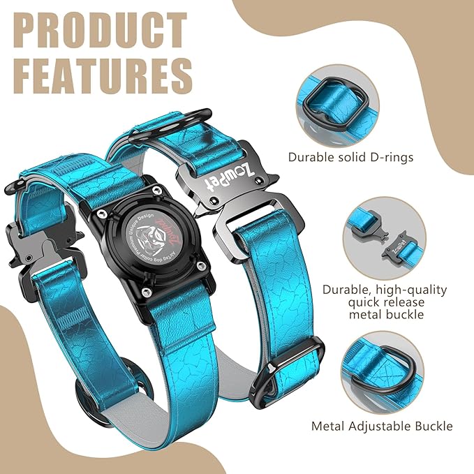 AirTag Dog Collar - Leather Dog Collar with Airtag Holder | IP68 Waterproof AirTag Holder with Metal Buckle, Comfortable GPS Dog Collars Tracker for Medium Large Dogs (Blue, M)