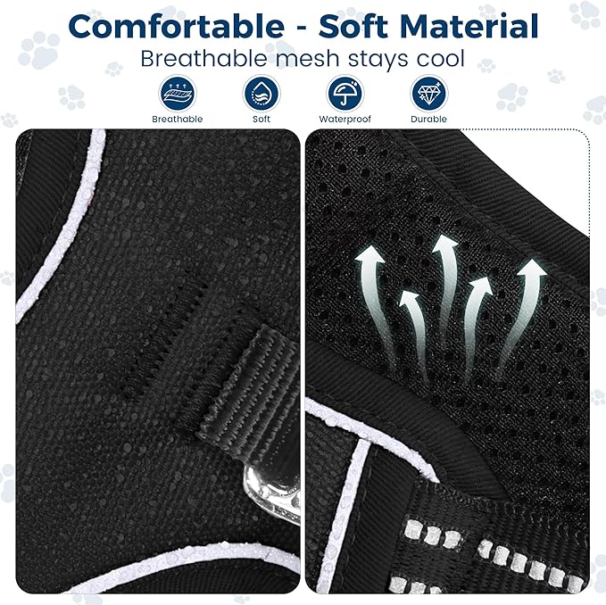 Funfox Dog Harness No Pull, Adjustable Dog Vest Harness, Super Soft Material with Vertical Handle Easy Control, Reflective Night Walking, 2 Leash Clips for Small Medium Large Size, Black, S