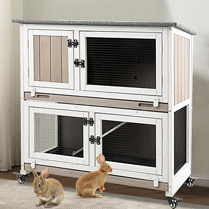 36" L Rabbit Hutch Indoor with 4 Metal Wheels, 2-Story Wooden Bunny Hutch Outdoor Bunny Cage, 2 Deeper Pull-Out Trays, Ramp, Rabbit Cage Guinea Pig Pet House for Small Animals
