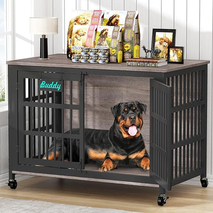 EasyCom 48"/42"/33" XXL Dog Crate Furniture with Casters, Heavy Duty Dog Kennel Indoor for Large Dogs, Escape-Proof and Chew-Proof Dog Cage for high Anxiety Dog, Decorate House as TV Stand, End Table