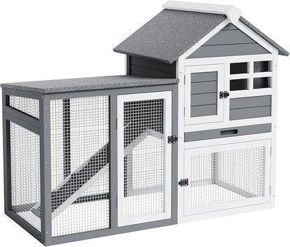 2-Tier Rabbit & Chicken House,Wooden Chicken Coop & Bunny Cage with Non-Slip Ramp, 4 Doors,Waterproof Roof & Pull-Out Tray,Outdoor/Indoor Pet Cage