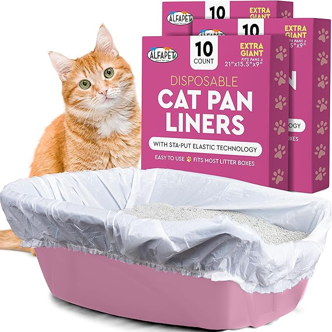 Alfapet Elastic Cat Litter Box Liners - Extra Giant 30 Count - Tear-Resistant Cat Litter Bags - Waterproof Kitty Litter Liners - Fits Litter box Pan Sizes XL, Giant, X-Giant, 37" x 18", 20 lb Capacity