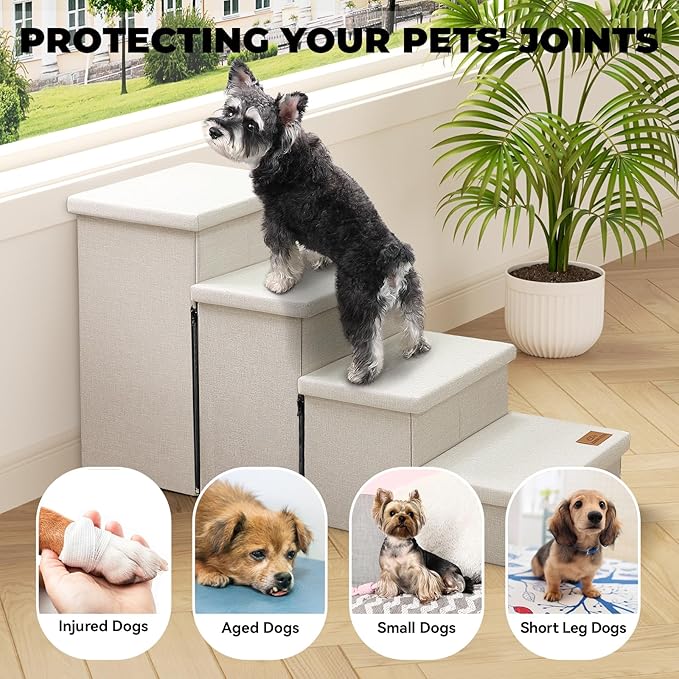 Dog Stairs with Storage 23" H, 4-Step Wider Dog Steps for High Beds Window, Folding Sturdy Pet Stairs Gift for Small/Medium/Large Old Dogs Cat, Ramp for Climbing Car Up to 200 lbs, Beige