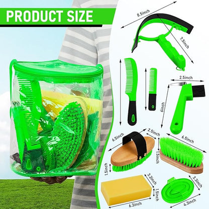 9 Pieces Horse Grooming Kit Tack Room Supplies Set with Organizer Tote Bag, Oval Massage Curry, Hard and Soft Brush, Hoof Pick, Sweat Scraper, Bathing Sponge, Combs for Horse Riders Beginners (Green)