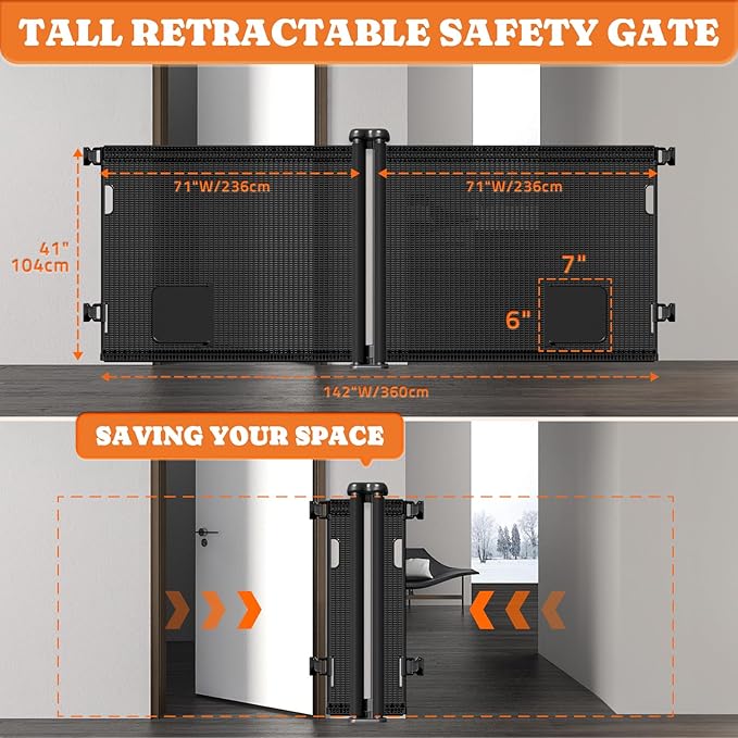2-in-1 Retractable Baby Gates, 41" Tall Mesh Dog Gate with Cat Door 1-Pack, One Side Up to 71" Wide, Total 142" Wide, Long Retractable Pet Gate for Stairs Landing Indoor Outdoor-Black