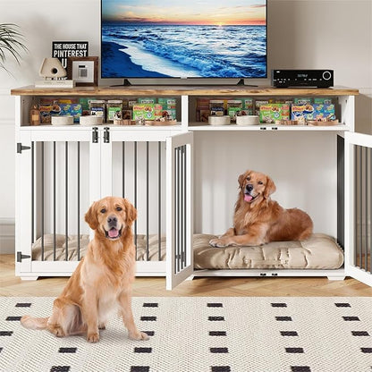 63'' Dog Crate Furniture for 2 Dogs, Wooden Dog Cage with Storage Compartment, Indoor Dog Kennel with 4 Doors for Large/Medium Dogs, White
