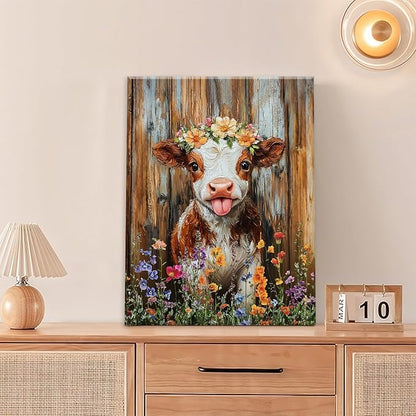 Funny Cow Bathroom Pictures Wall Art, Rustic Brown Cute Cow Bathroom Wall Decor, Farmhouse Floral Framed Painting Animal Flower Canvas Artwork for Bedroom Living Room Decorations 20"L x 16"W
