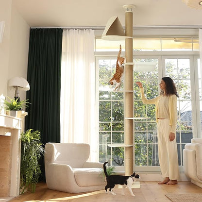 FUKUMARU Floor to Ceiling Cat Tree, 6 Level Adjustable Height (6-10 ft) Climbing Tower with Thickened Scratching Posts, Cats Activity Center with Cozy Hammock - Beige