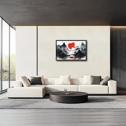 Framed Large Japanese Mountain Wall Art for Living Room, Oversized Asian Red Sun Lake Landscape Wall Decor Nature Canvas Painting Home Decoration for Living Room Bedroom Office 36"x24"
