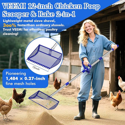 12 Inch Chicken Poop Scooper & Rake 2-in-1, Large Metal Shovel Head, Rubber Handle Stainless Steel Chicken Litter Scoop for Chicken Coops, Litter Screening Scoop (35 to 65in) US Patent Pending (Blue)