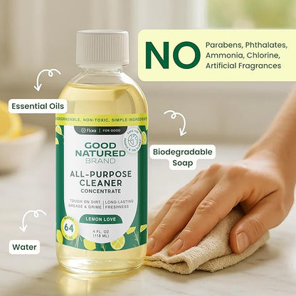 Good Natured Brand All-Purpose Cleaner Concentrate | Multi-Surface Cleaner | Natural Lemon Essential Oil | Multipurpose Cleaner Concentrate All Surfaces | Lemon Love | 4oz makes 64oz