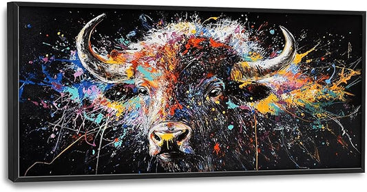 Framed Large Bison Buffalo Wall Art for Living Room, Oversized Graffiti Yak Cow Wall Decor Banksy Bull Canvas Painting Animal Pictures Modern Artwork for Living Room Bedroom Office 60"x30"
