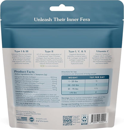 Fera Pets Cat & Dog Collagen Powder - Bone, Gut, Joint and Skin Supplement - 5 Types of Collagen + Clinically Studied UC-II® - 4.23 oz