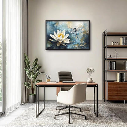 Extra Large Lotus Dragonfly Framed Wall Art for Living Room,Abstract Blue Lotus Flower Lake Pictures Wall Decor,Nature Canvas Print Painting Modern Artwork Bedroom Office Bathroom 36L" x 24W"