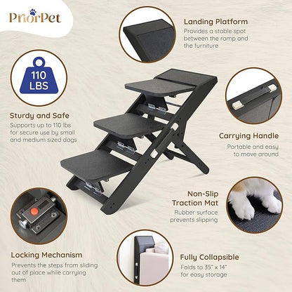 Dog Steps for Bed & Couch 2-in-1 Dog Stairs/Ramp - Height Adjustable Dog Ramp for Couch 7” - 20” - Pet Stairs, Dog Stairs for Small Dogs - Easy to Move Pet Steps with Landing Platform, Black
