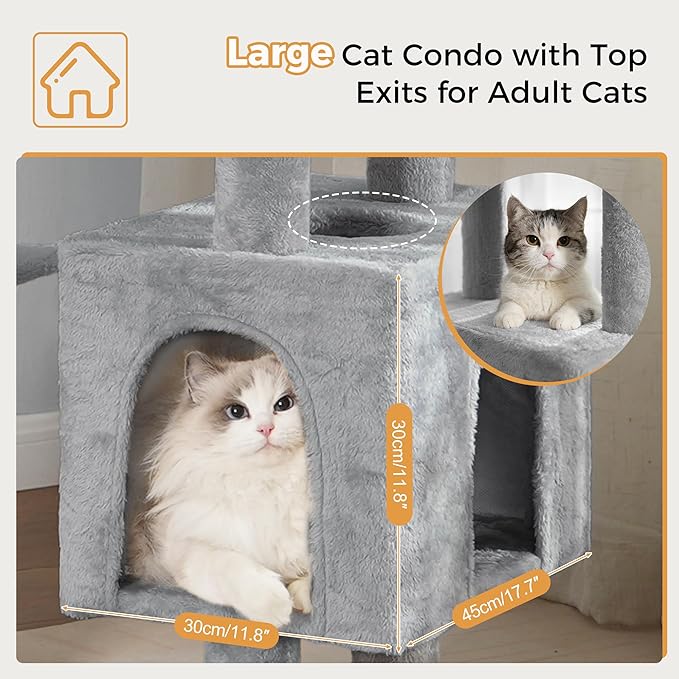 72” Cat Tree for Large Cats Big Cat Tower with Enlarged Hammock 21.6x17.7” Spacious Cats Condo House and Roomy Top Bed and Multiple Scratch Posts for Indoor Adult Cats (Grey, XLarge-72)
